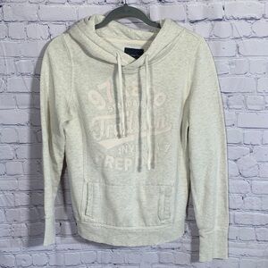 American Eagle Womens Y2K Hooded Sweatshirt Gray Cream Size M Front Graphic 90s